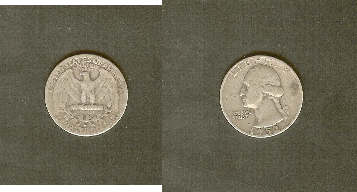 Etats Uni USA quart dollar 1952 D Denver TTB-
